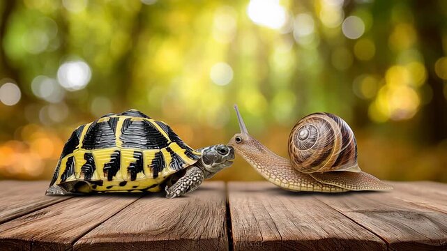 Two slow animals, a cute snail and a turtle, meeting and interacting face to face on a wooden surface. A concept of improbable friendship