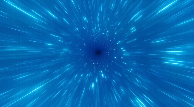 Blue hyperspace tunnel with shining stars and a vortex at the end