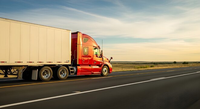 Red semi truck driving on empty highway at sunset with dramatic sky and open road logistics transportation concept
