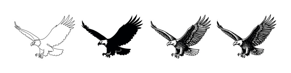 Obraz premium Four majestic flying eagles are depicted in various black and white artistic styles, including outline, silhouette, detailed etching, and textured stippling illustrations, with powerful wings spread
