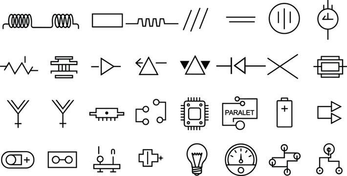 Vector illustration of electrical and electronic schematic symbols including resistors, capacitors, transistors, diodes, switches, meters, ICs, and circuit components for engineering, design, 
