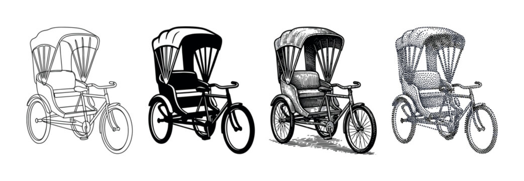 Four vintage traditional cycle rickshaw illustrations showcase diverse artistic styles including outline, solid silhouette, detailed engraving, and stippling techniques from a side view