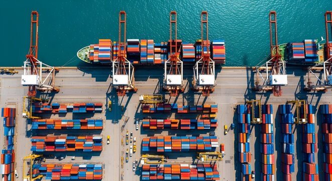Aerial view of busy shipping port with colorful cargo containers and cranes at sunset for global trade and logistics