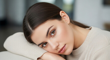 Obraz premium Sometimes it is okay to be sad: portrait of a thoughtful beautiful young woman resting her head on her arms with a gentle melancholic gaze. Realistic photography.