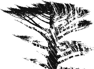 Silhouette of large tree branches with dense foliage against a white background