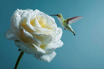 Fototapeta premium Graceful hummingbird visiting a pristine white rose against a serene backdrop
