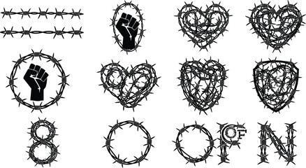 Barbed wire illustration, heart fist shield design, resistance protest artwork, black silhouette graphic, restriction protection symbol, edgy typography icon © RIFAT W