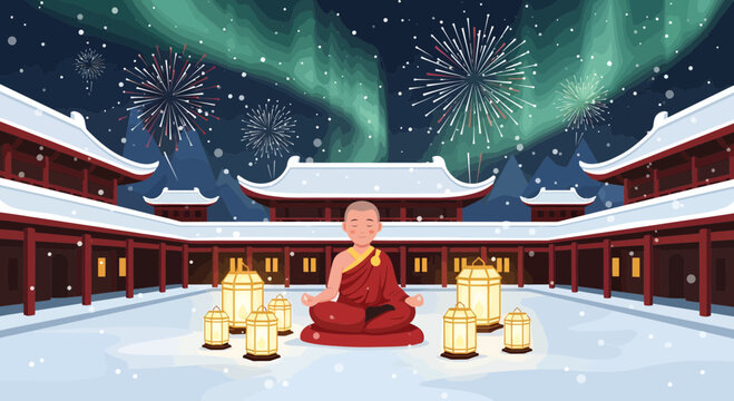 Monk meditating peacefully in serene winter courtyard.