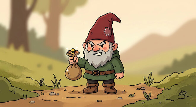Angry fairytale gnome holding a bag of golden coins, greedy dwarf character in cartoon style.