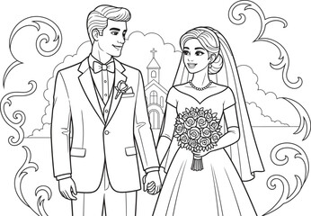 Black and white illustration of a wedding couple isolated on transparent background