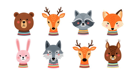Obraz premium Eight cartoon animal heads isolated on transparent background