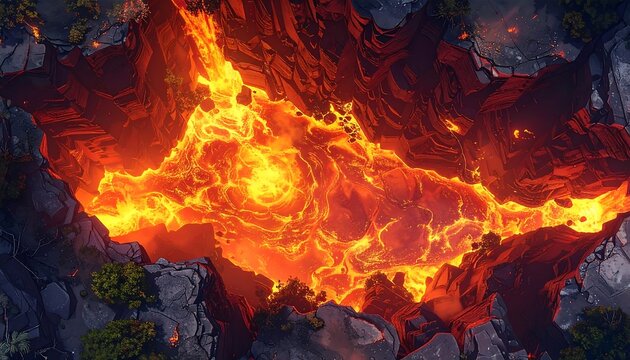 Bird's-eye view of a volcanic caldera filled with molten lava. Dark rocks and sparse foliage frame the fiery spectacle