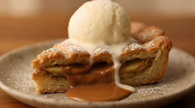 A slice of delectable apple pie with vanilla ice cream and caramel sauce