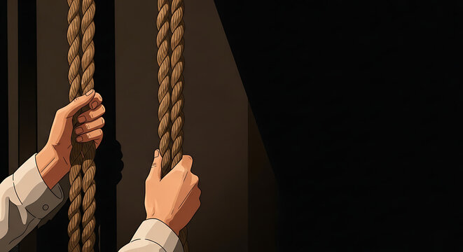 Exciting moment of raising the curtain before the show begins with hands firmly pulling thick ropes backstage in the dark. 2D illustration.