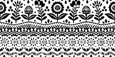 Black and white floral pattern with geometric border details © Arabinda