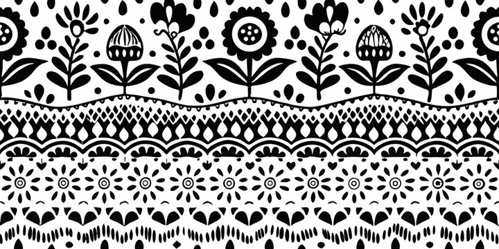 Black and white floral pattern with geometric border details