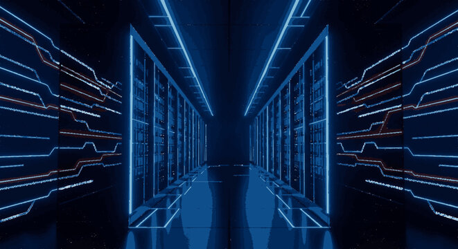 Futuristic server room with neon blue lighting and sleek modern architecture conveying advanced technology and data storage