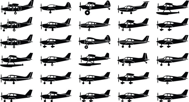 Airplane silhouette icons set, propeller aircraft, aviation design, small planes, flying machines, landing gear, floatplane, fuselage, tail, wings, flat vector illustration