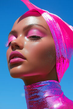 A close-up portrait captures a woman with glossy pink makeup and a sparkling headwrap under strong sunlight. Minimal retro-futuristic beauty concept with vibrant y2k aesthetics.