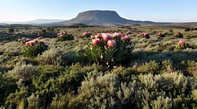 Vibrant King Protea Flowers in a Field with Distant Mountain Views
