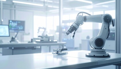 Minimal AI robot arm resting on industrial workstation table in manufacturing lab, mechanical precision components visible with soft studio lighting. Realistic industrial robotics environment.