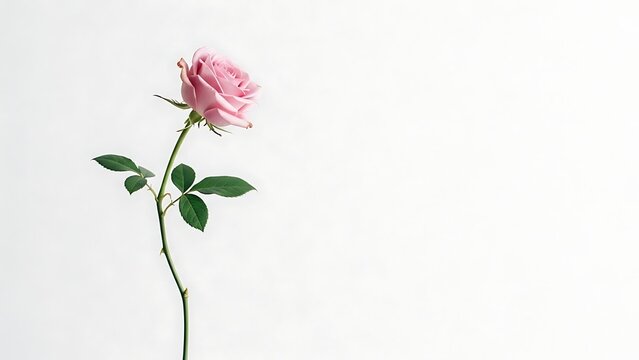 A single pink rose stem with green leaves against a white background.
