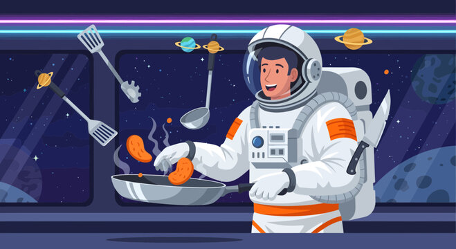 Astronaut cooking food in zero gravity space station.