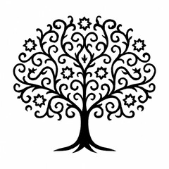 Elegant Tree of Life Silhouette with Ornate Swirls and Stars