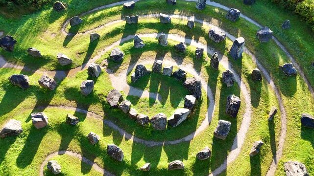 Cinematic Aerial 4K of the Ancient-Style Touchstone Maze Labyrinth in the Scottish Highlands - Mystical Stone Circle in Strathpeffer