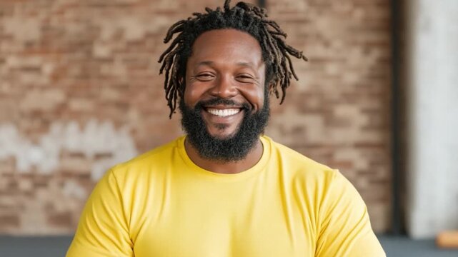 Smiling man with joyful expression: A portrait of a man with an irresistibly genuine smile, showcasing his radiant joy. Captured against a brick wall, the image exudes warmth and positivity.