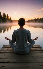 Fototapeta premium Rear view male meditating in lotus pose on a wooden dock by the lake at sunrise. The misty pond reflects the vibrant sky and pine trees silhouettes, creating a tranquil scene of peace and mindfulness