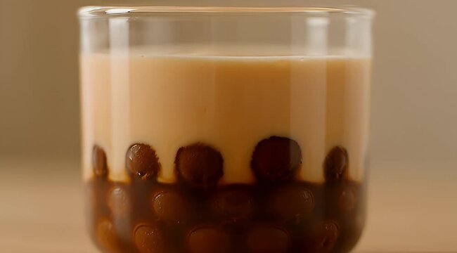 Close up of a glass of milk tea with brown boba balls
