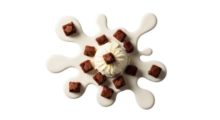 Ice cream and brownie dessert on white.