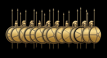 A phalanx formation of ancient Greek hoplites is depicted with highly reflective, burnished bronze shields and helmets against a stark black background.