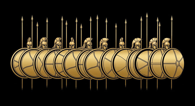 A phalanx formation of ancient Greek hoplites is depicted with highly reflective, burnished bronze shields and helmets against a stark black background.