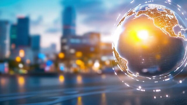 Global City: A stunning image of a glowing digital globe against the backdrop of a modern city skyline. It evokes a sense of global connectivity, technological advancement.