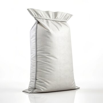 Large white polypropylene sack bag isolated on white background, industrial packaging bag for grain, fertilizer or agricultural products, bulk storage container mockup, warehouse supply concept
