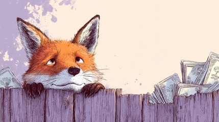 Fototapeta premium Quirky Illustration of a Fox with a Suspicious Grin Peering Over a Fence