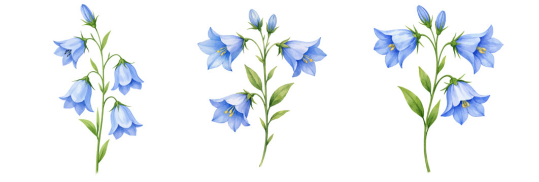 A charming watercolor collection of blue bellflower campanula botanical flowers for floral design and botanical illustration.