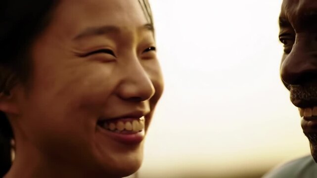 Young asian woman and an elderly african american man stand face to face looking at each other and smiling, their faces lit by the warm glow of sunset creating a heartwarming moment.