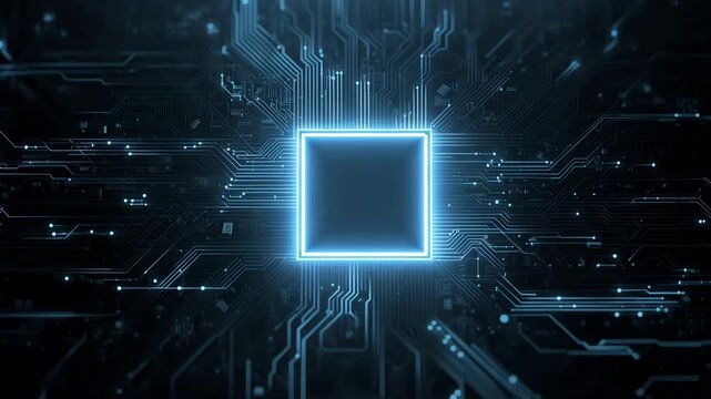 Futuristic glowing processor chip on advanced digital circuit board background