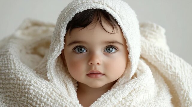 Innocence Unveiled: A captivating portrait of a baby swathed in a soft, white hooded towel, showcasing their gentle features and expressive eyes, evoking feelings of comfort and purity.