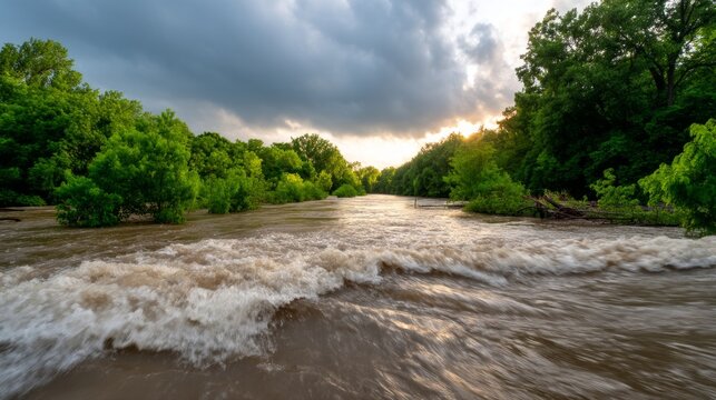 Rushing Floodwaters Through Forest During Heavy Rain and Dramatic Sky