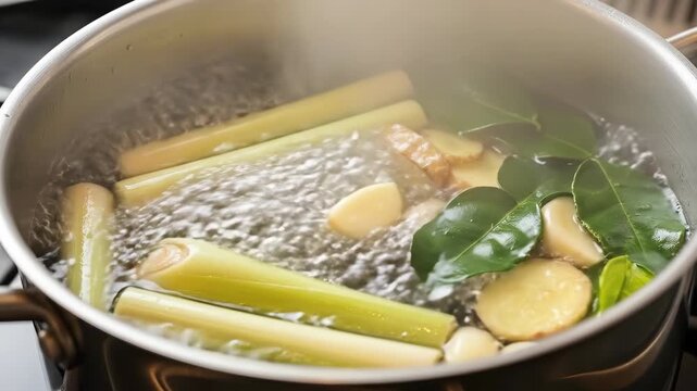 Boiling herbal soup with lemongrass, ginger, and lime leaves in stainless steel pot
