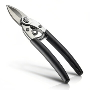 Professional garden pruning shears with stainless steel blade and ergonomic black handles isolated on white background, gardening tool for plant trimming pruning and horticulture maintenance