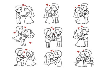 Obraz premium Cartoon illustrations of dogs engaging in various wedding and romantic activities