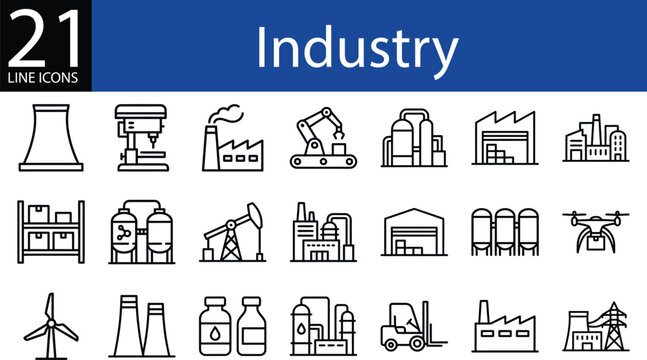 Industry line icon set in outline style, factories, machinery, energy, logistics, and production