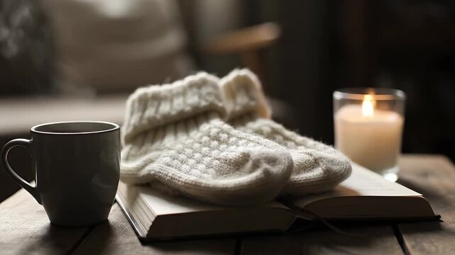 Cozy Winter Scene - Warm Socks, Book, Candle, and Coffee Cup.