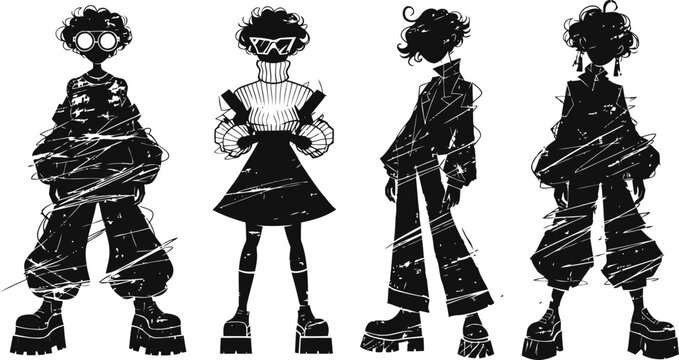 Fashion illustration of four edgy characters in oversized streetwear, cool platform shoes, and stylish sunglasses