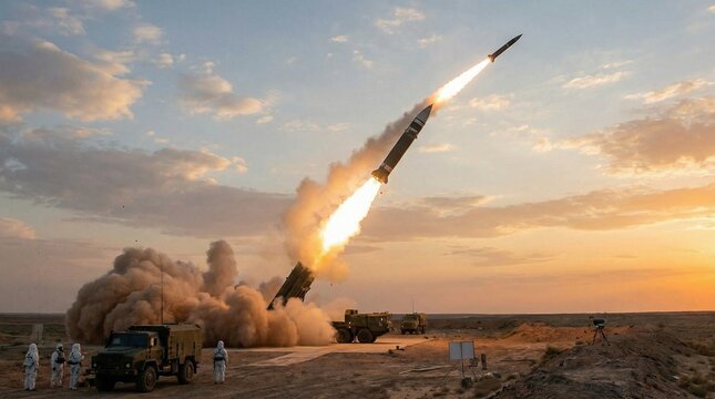 Missile launch in desert landscape at sunset